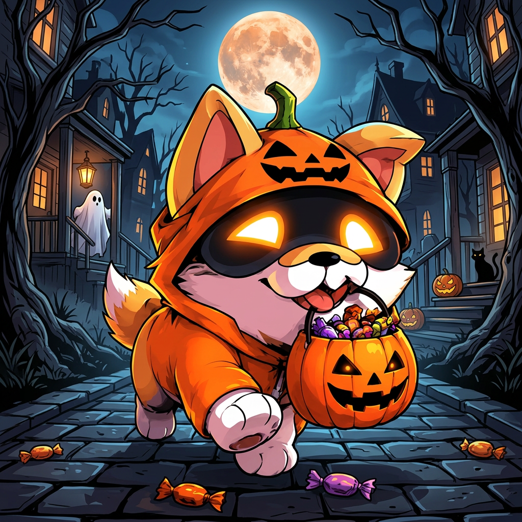 Hallow Inu, a shiba inu in a pumpkin hoodie carrying a candy bucket under a full moon